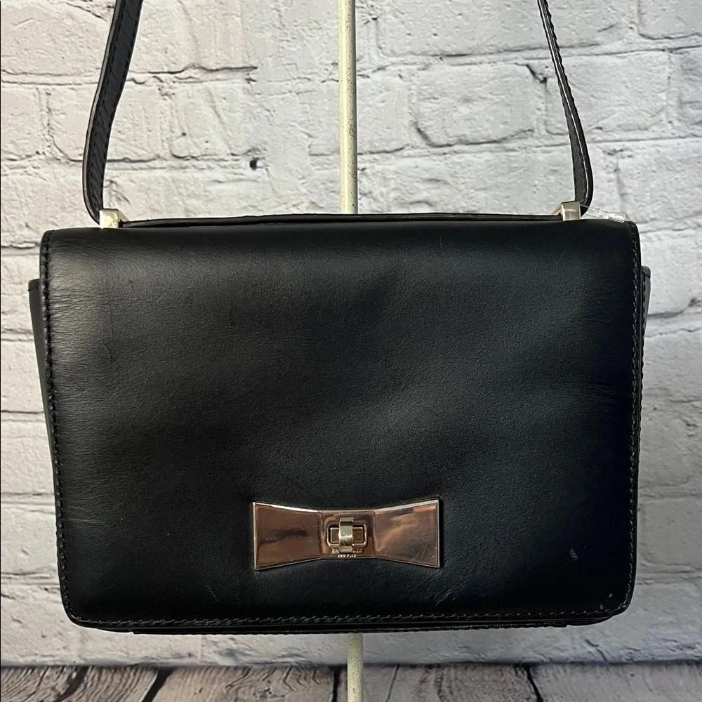 * Kate Spade Black Leather Shoulder Bag with Silver Bow Accent